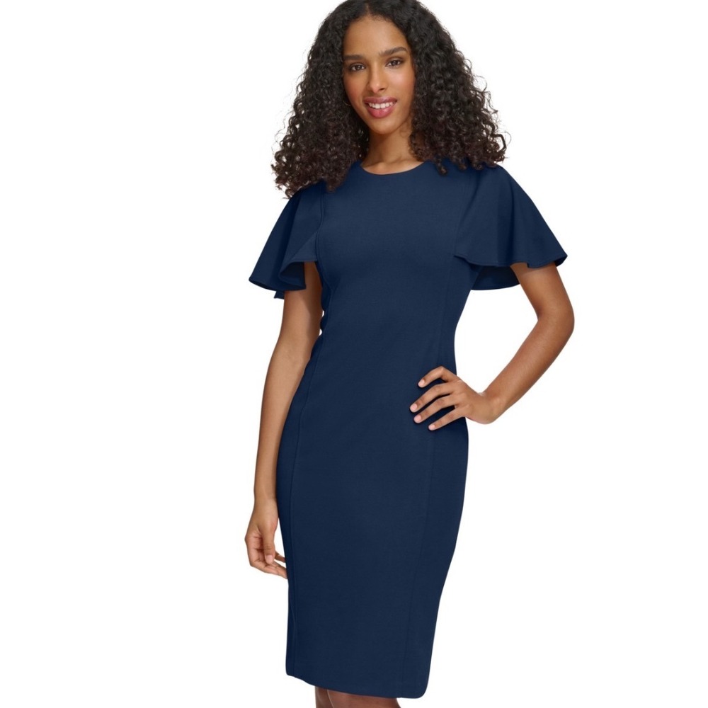 Calvin Klein Sheath Dress Women 14 NEW Flutter Sleeve Navy MSRP $99.98